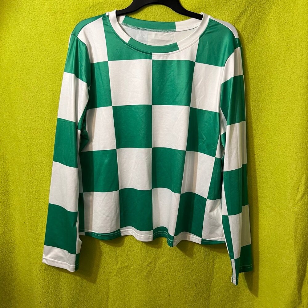 Plus Checker Pattern Long Sleeve Tee 4xl Green and White